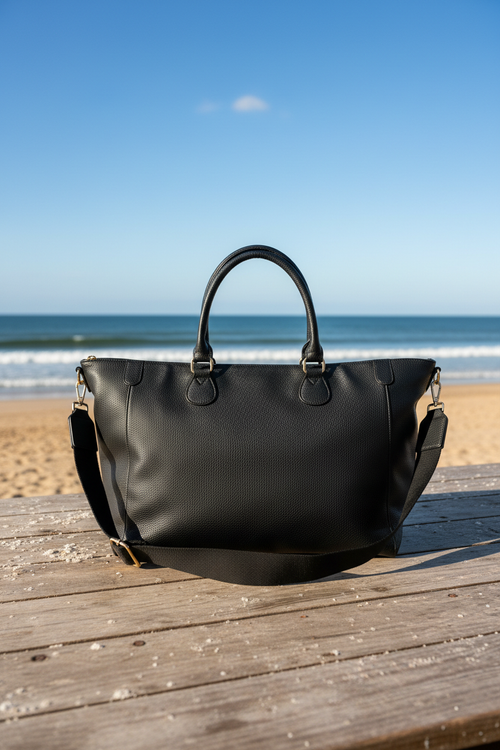 Black tote bag on beach table - 2:3 ratio
