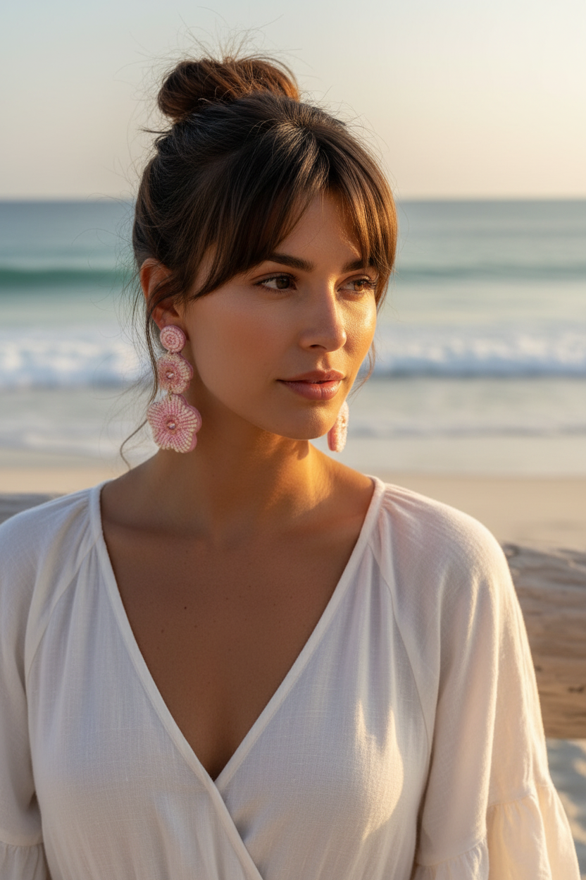 Brunette model with messy bun wearing pink earrings