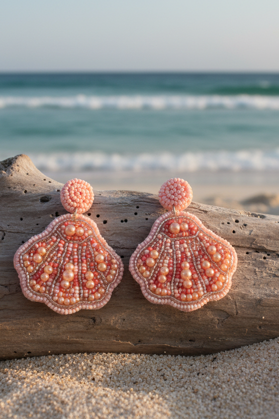Coral seashell earrings on beach driftwood