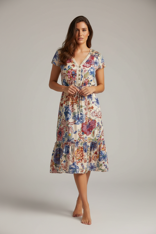 Floral Print Dress with Drawstring Waist - Studio Shot