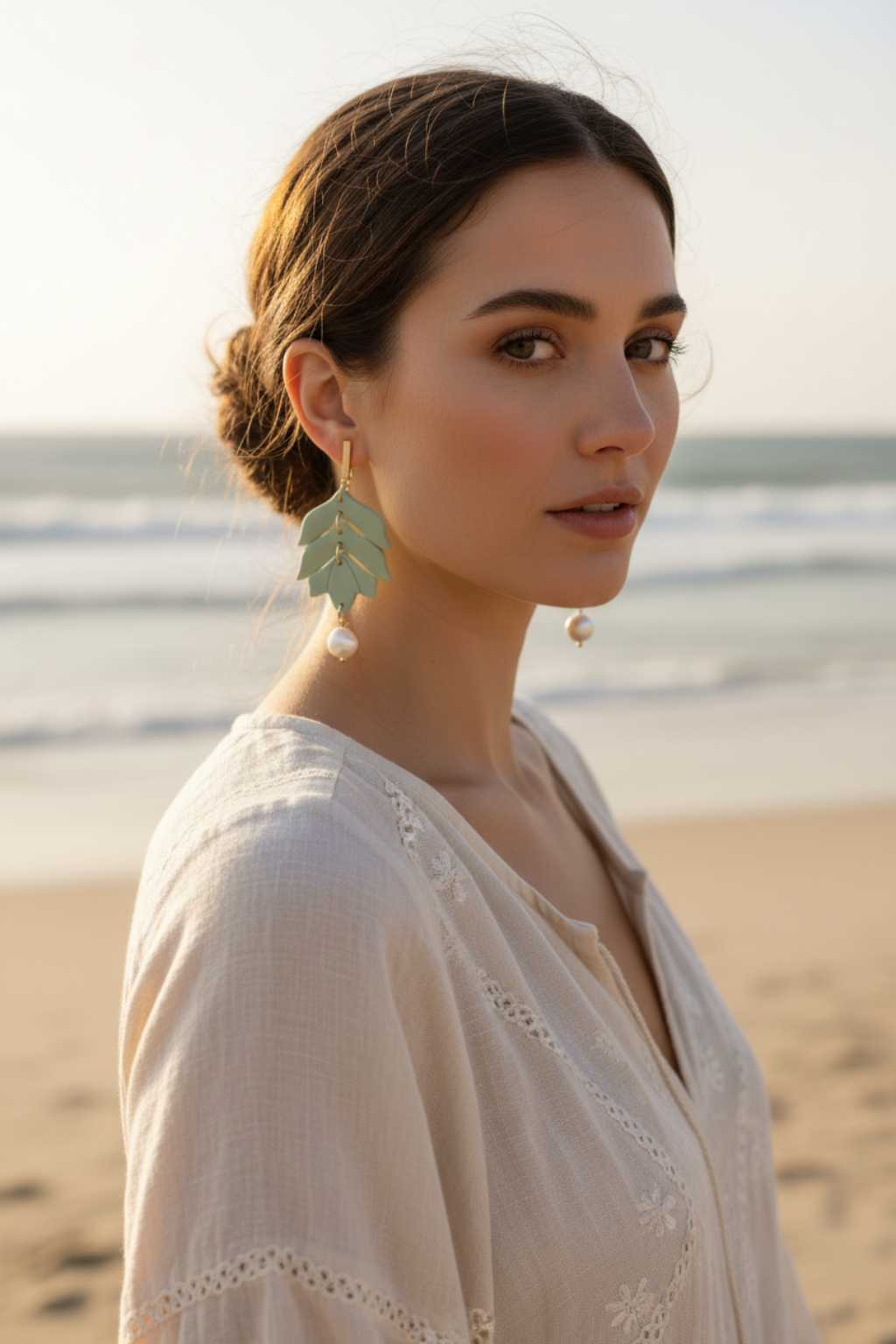Sage Leaf Pearl Earrings Beach
